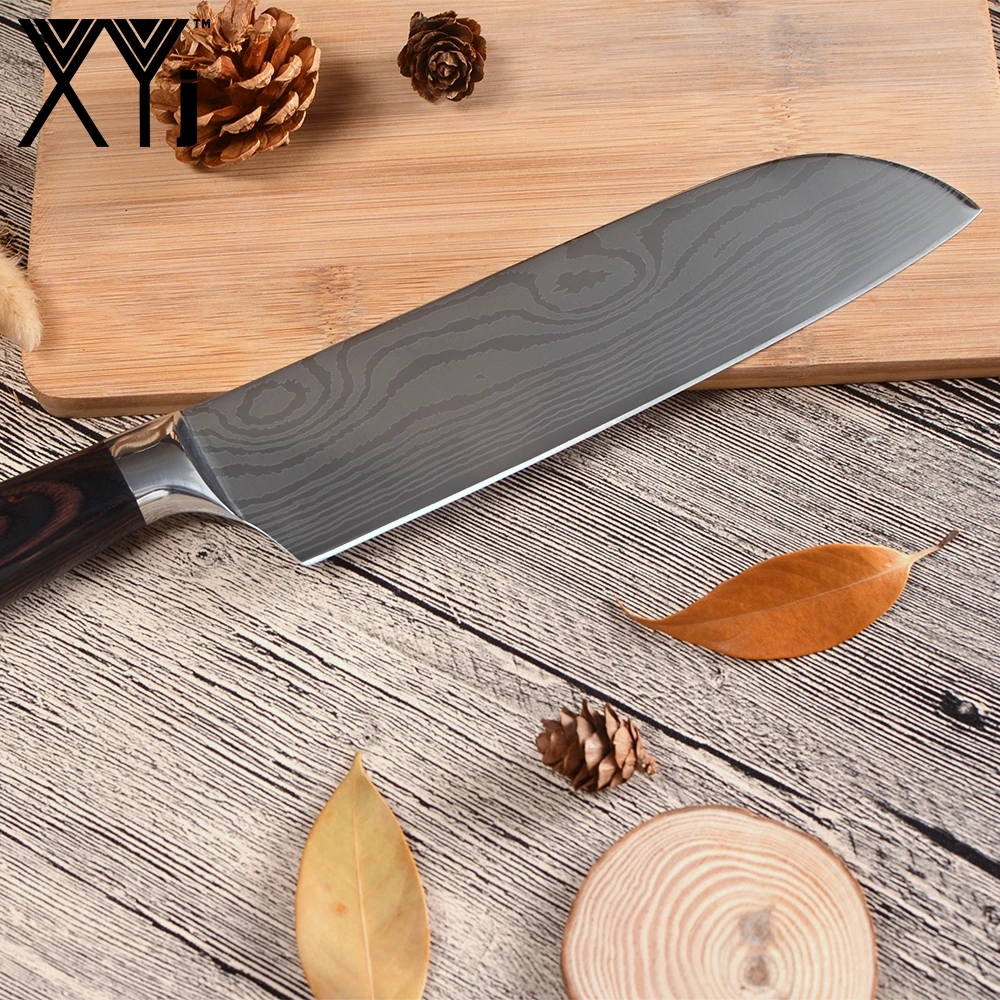 XYj 7Cr17 кухонный нож из нержавеющей стали 7 дюймов Santoku популярный узор лезвие