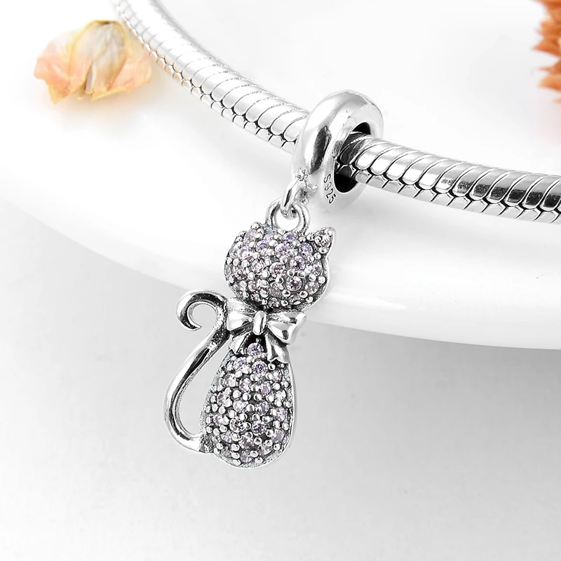 DIY Серебряный Шарм подходит к оригинальному браслету Pandora бусины 925 пробы серебро любовь болтаются талисманы розовый сверкающий CZ элегантный бусина "Кошка"
