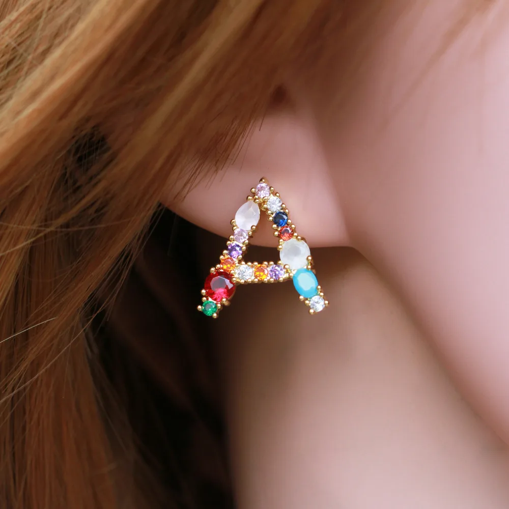 

26 letters gold color hot sale Micro Pave cubic zirconia rainbow stone Alphabets Letter Stud Earrings For Women Fashion Jewelry