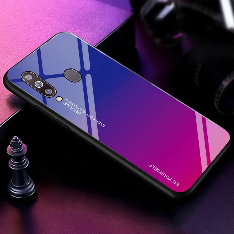 Градиентный чехол из закаленного стекла для телефона для samsung Galaxy A10 A20 A20E A30 A50 A70 M10 M20 M30 S10 S10e плюс ударные Красочная обложка