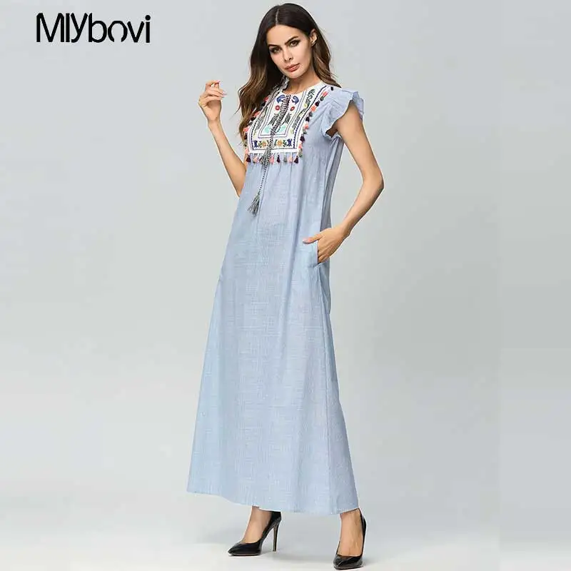 Женщины мусульманское платье Oveisize 2XL Лоскутная Повседневная Макси длинное