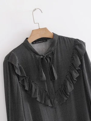 Autumn women ruffles vintage lace blouses Shirt polka dot Womens tie up sleeve Camisa loose Blusas Feminina OYK6103 |