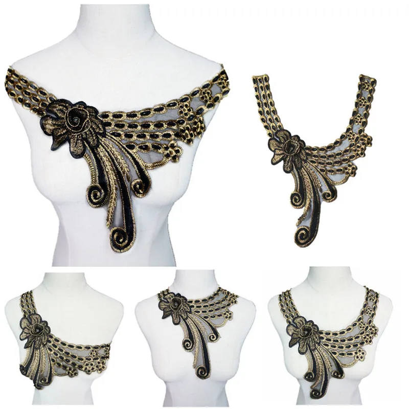 37 см вышитые цветы воротник Черное золото разнообразные кружева планки