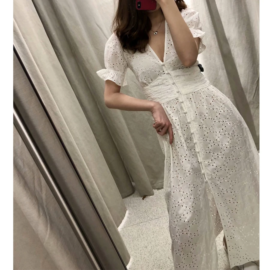 Женское кружевное платье Feccer белое хлопковое с цветочной вышивкой в стиле бохо