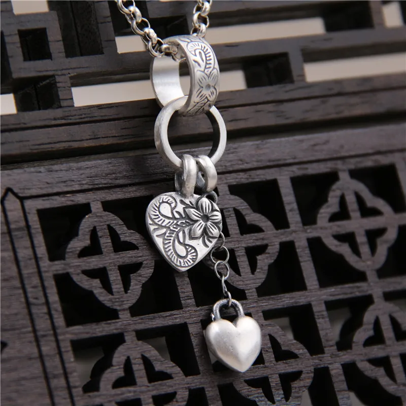 

S990 Sterling Silver Sweater Chain Pendant Female Models Retro Thai Silver Heart Tassel Tag Necklace Pendant