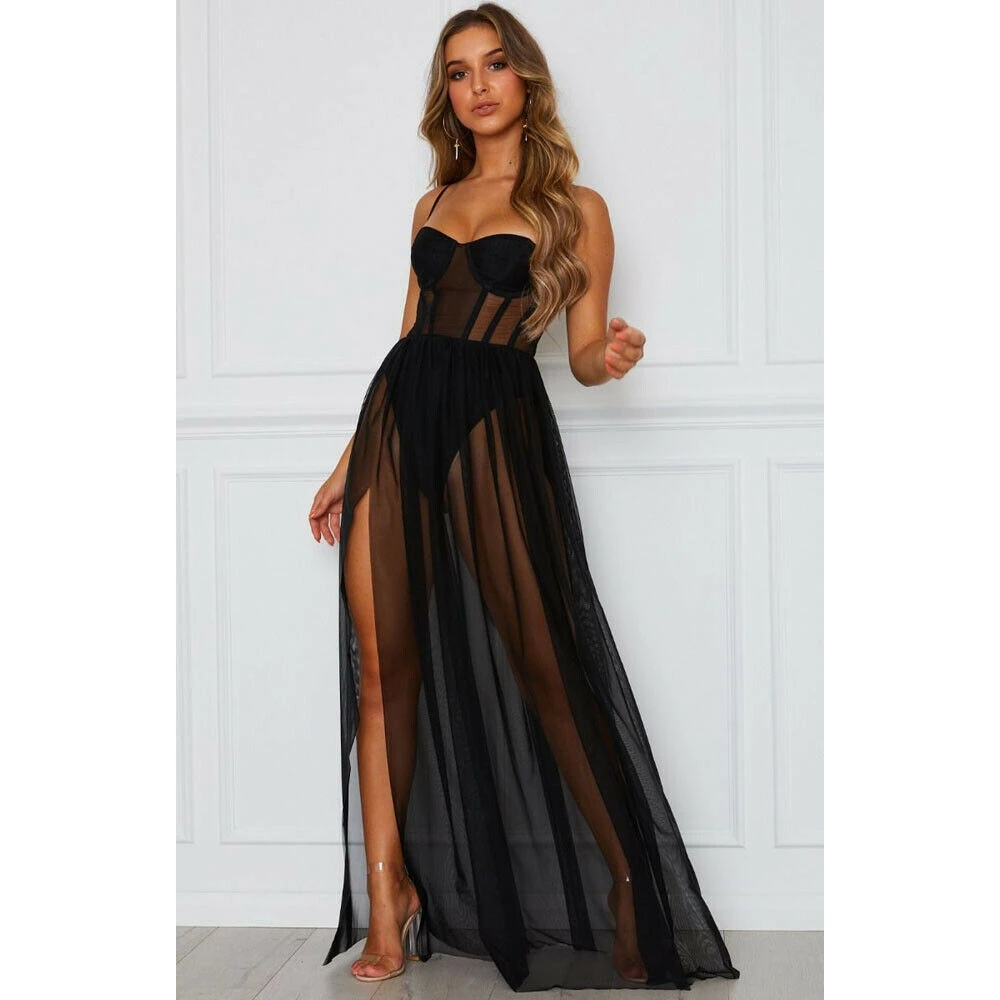 Черный Сексуальное женское Бохо Ретро прозрачное Bodycon спагетти длинное платье на лямках Эластичная Высокая Талия вечерние летние пляжный купальник Сарафан - Цвет: Черный
