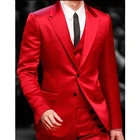 Индивидуальные красные атласные костюмы для выпускногоВечеринки, мужские костюмы, облегающие модные смокинги для жениха, Мужской Блейзер, 3 предмета (пиджак + жилет + брюки)