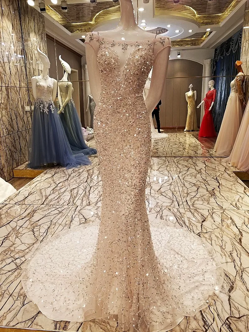 CloverBridal lots Блестки Камни bateau шеи прозрачные рукава-крылышки сзади силуэт Русалка с широким низом роскошное вечернее длинное вечернее платье