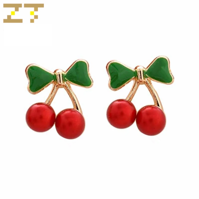 Лидер продаж модные серьги гвоздики с зеленым бантом листьями красной вишней