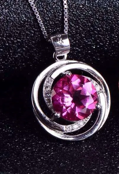 

natural pink topaz stone pendant 925 Sterling silver Natural gemstone Pendant Necklace trendy surround round women girl jewelry