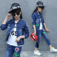 2019 new princess girl spring and autumn fashion childrens clothing set baby girl floral print denim coatjeans leisure suit