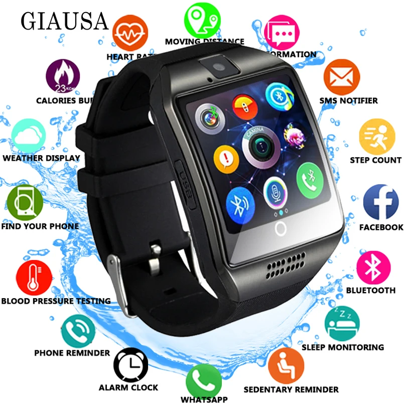 Bluetooth Смарт часы Q18 с камерой Facebook Whatsapp Twitter Синхронизация SMS Smartwatch поддержка SIM TF карты для IOS Android