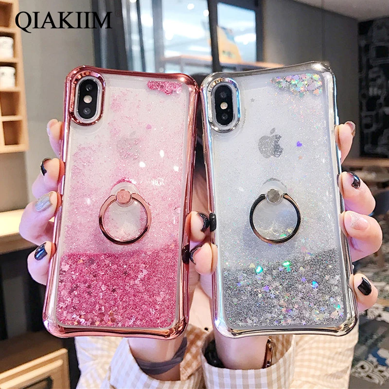 Quicksand Phone Case For iPhone X 7 8 6 6s Plus XR XS Max Bling Dynamic Liquid Love Hearts Sequin Ring Kickstand Back Cover Capa | Мобильные