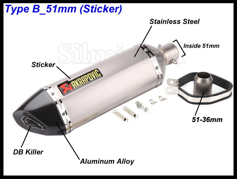 B-51mm (Sticker) Универсальный мотоцикл выхлопной модифицированный Akrapovic глушитель FZ6 CBR250 CB600 MT07 ATV Dirt Pit Bike выхлопной вход 51 мм 61 мм - Color: B-51mm (Sticker)