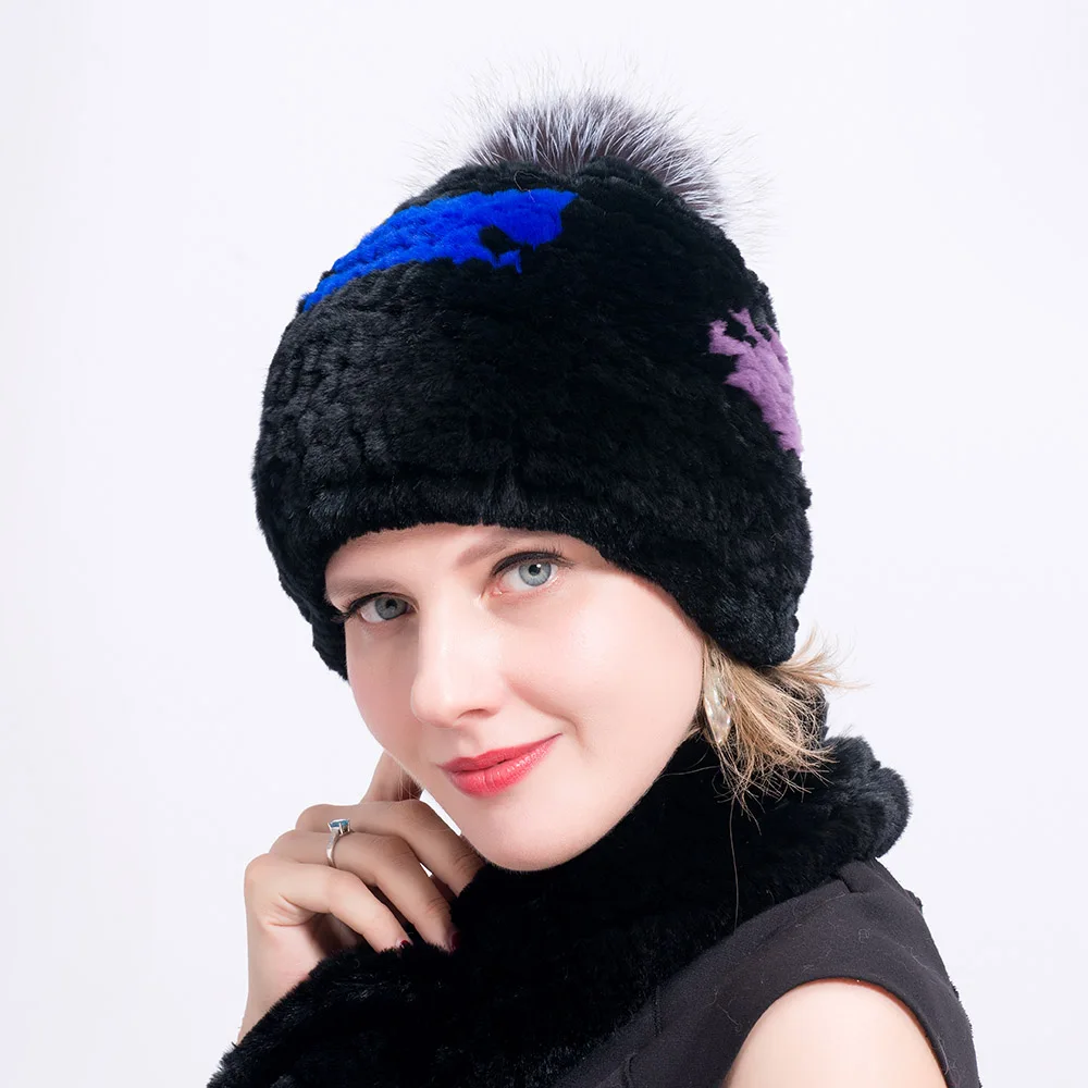 hat Color 2 Ms. MinShu утолщенная шапка из натурального меха ручной вязки шапка из кроличьего меха с помпонами эластичная меховая шапка для Женская Зимняя кепка грелка для головы - Цвет: hat Color 2