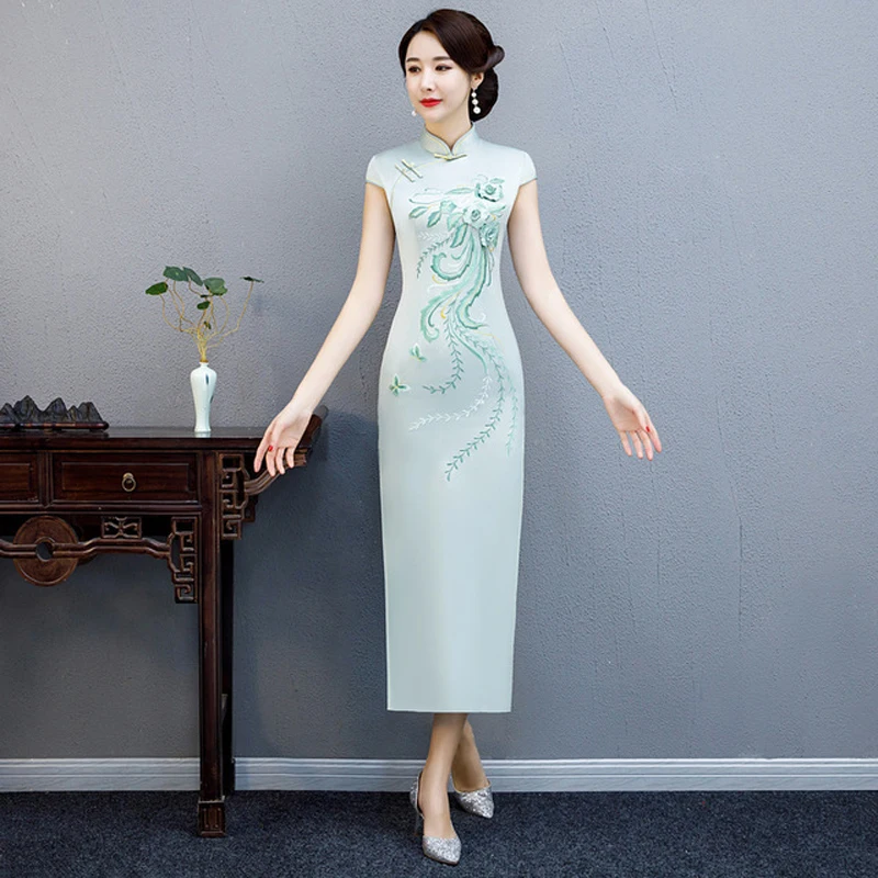 Женское атласное длинное вечернее Ципао Qipao винтажное платье с цветочным принтом