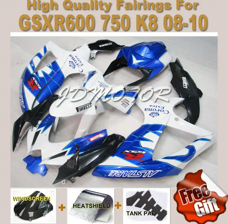 K8 обтекатель комплект для SUZUKI GSXR600 09 08 10 GSXR750 2009 2008 2010 Обтекатели белый цвет синий