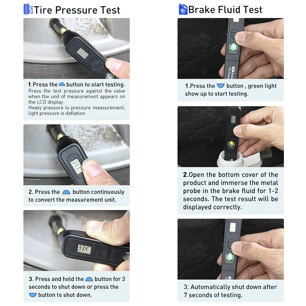 Ручка-тестер тормозной жидкости + давление в шинах TPMS 2 1 для DOT3/DOT4/DOT5 Kpa/Psi/Bar