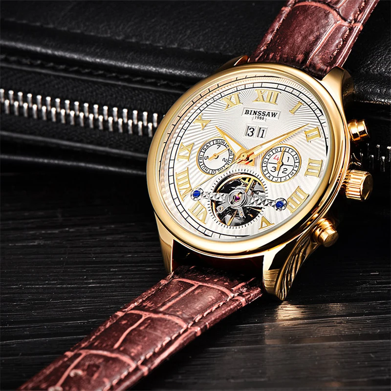 BINSSAW Мужские автоматические механические часы Tourbillon из натуральной кожи мужские