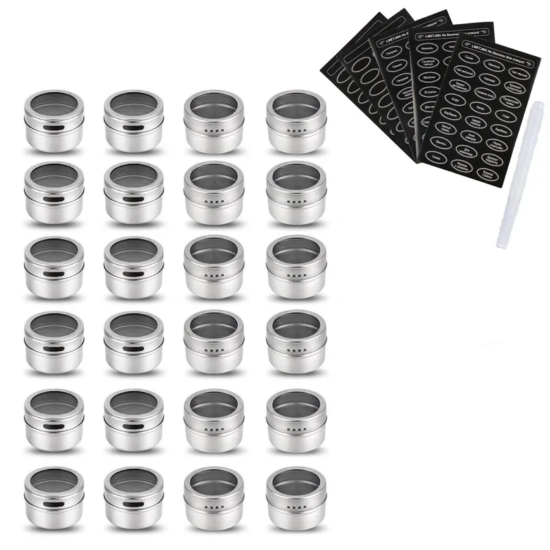 24 pcs LMETJMA Магнитные Банки для специй с русскими этикетками для специй из нержавеющей стали Магнитные Банки для специй набор магнитных на холодильник KC0241 - Цвет: 24 pcs