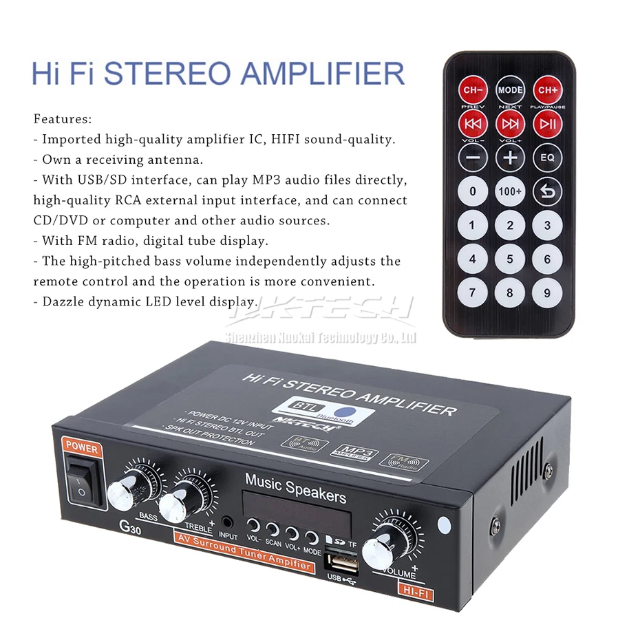 NKTECH NK-G30 усилитель мощности Bluetooth цифровой аудио плеер 2x18 Вт динамик IR Hi-Fi стерео FM DVD SD USB TF MP3 AUX 12 В 220-240 В