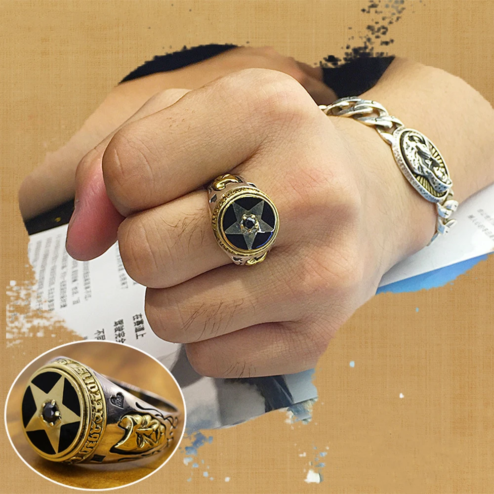 MetJakt 1 5 см винтажная Pentacle с кольцом обсидианом Твердые зеркальные серебряные