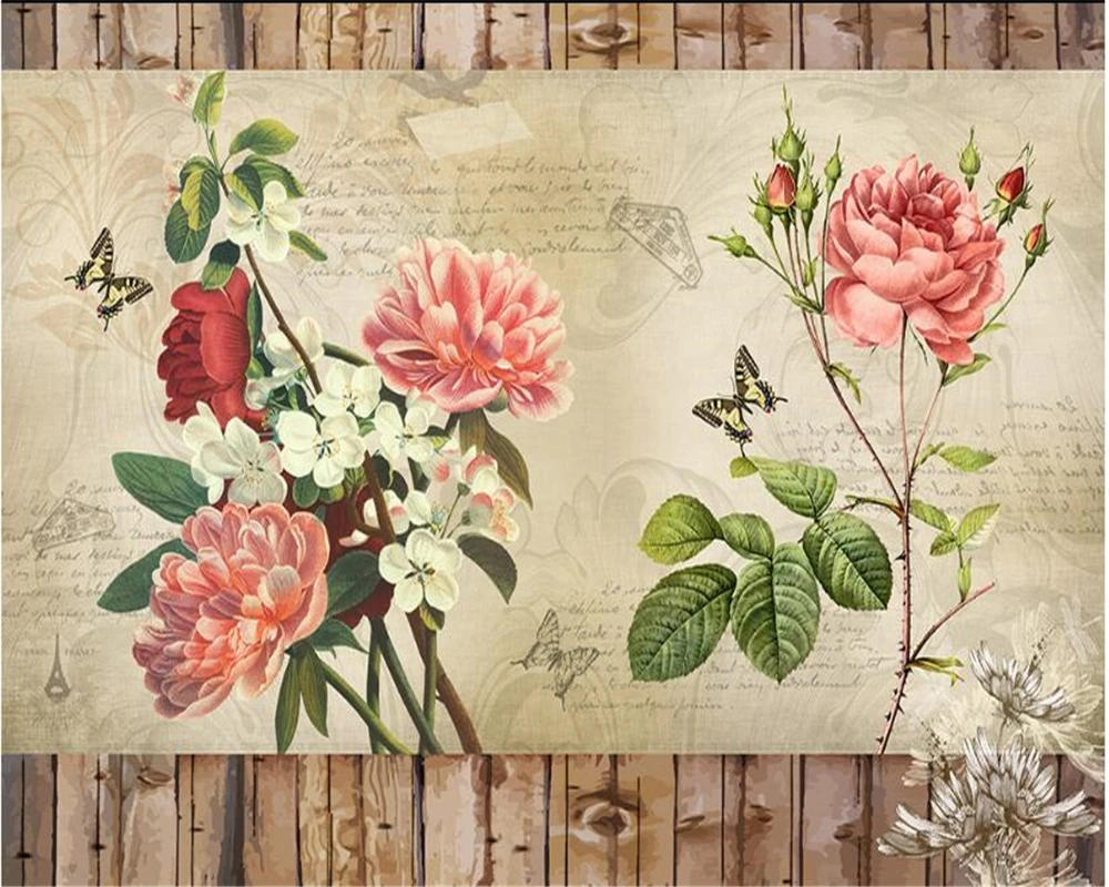 3d обои в стиле ретро высокая эстетическая атмосфера розовая роза бабочка |