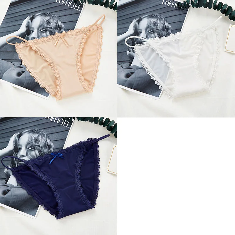 Apricot White Blue 3 шт., сексуальные женские трусики, кружевные, низкая посадка, одноцветные сексуальные трусы, бесшовные, Интимные стринги, трусики, хлопок, промежность, женское нижнее белье - Цвет: Apricot White Blue