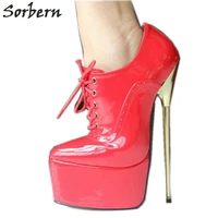 sorbern red patent leather lace up pumps women shoes 22cm high heel pointed toe thick platform sexy fetish gold metal heel shoes
