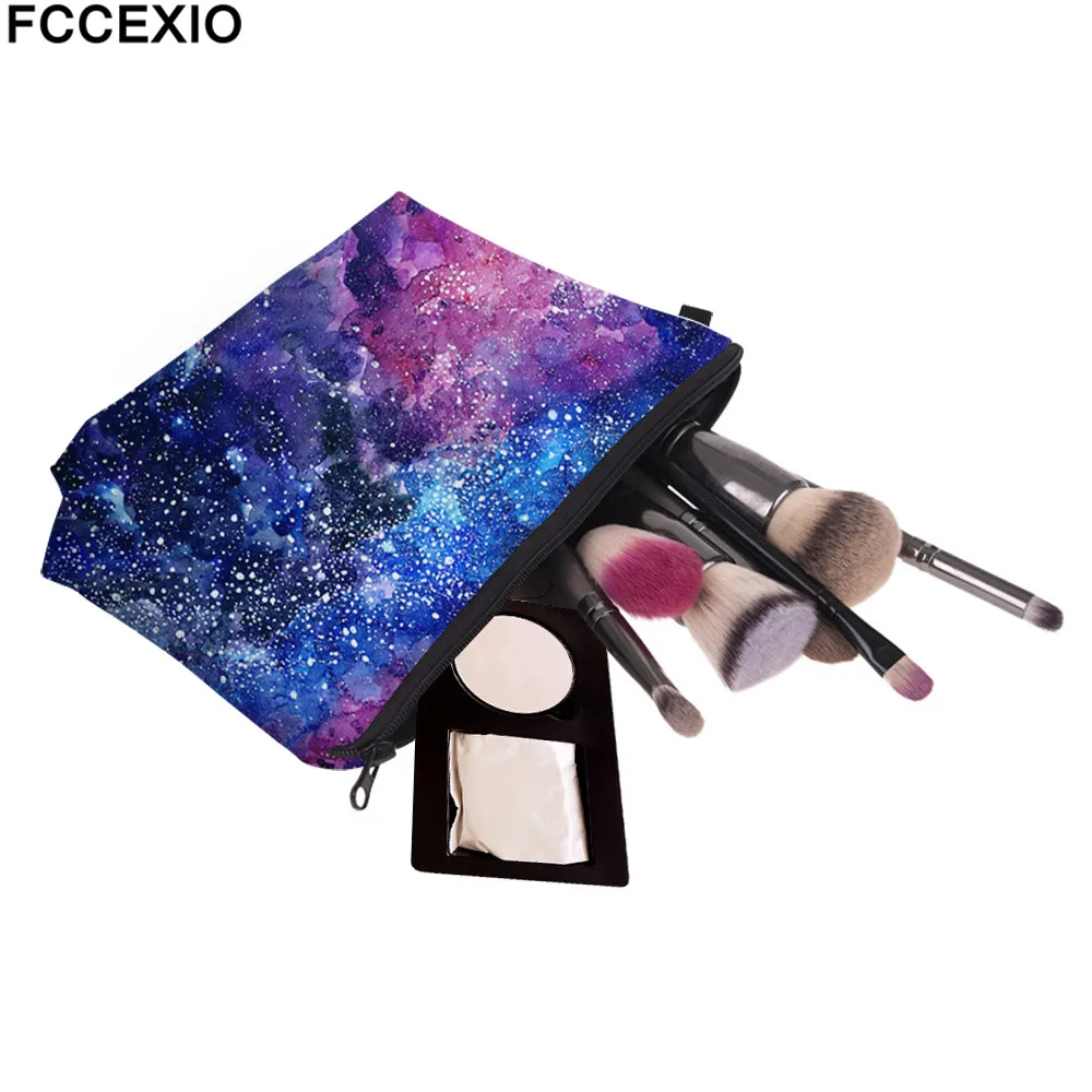FCCEXIO, новинка, 3D принт, сумки для макияжа, с фиолетовым рисунком Галактики, милые косметические сумки для путешествий, дамская сумка, женская косметичка