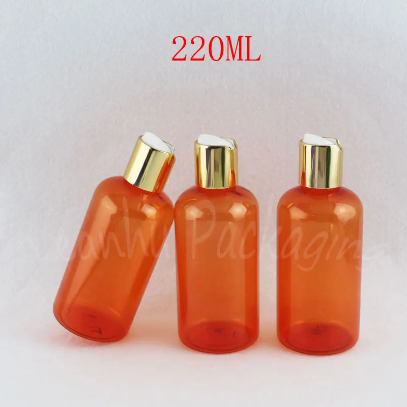 

220ML Orange Plastic Bottles With Gold Disc Top Cap, 220CC Makeup Sub-bottling , Lotion / Shampoo Packaging Bottle ( 30 PC/Lot )