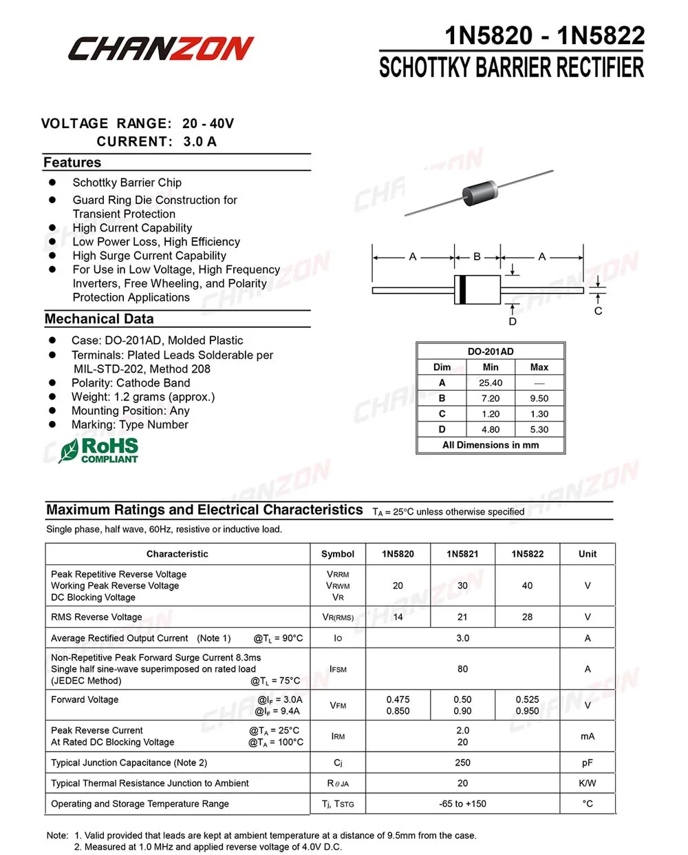 (20 шт.) 1N5822 диоды Выпрямительного БАРЬЕРА Schottky 3A 40 V DO 201AD (DO 27) Axial 1N IN 5822 IN5822 3 Amp