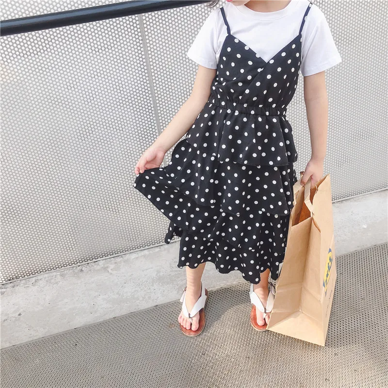 2019 Summer New Arrival korean style cotton all-match short sleeve t-shirt with suspender dot pattern dress for cute baby girls | Детская