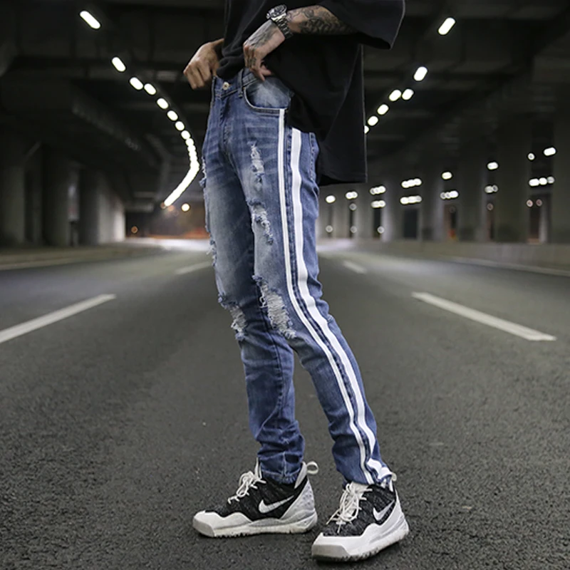 Мужские Узкие рваные джинсы с дырками классические потертые в полоску|ripped jeans|ripped