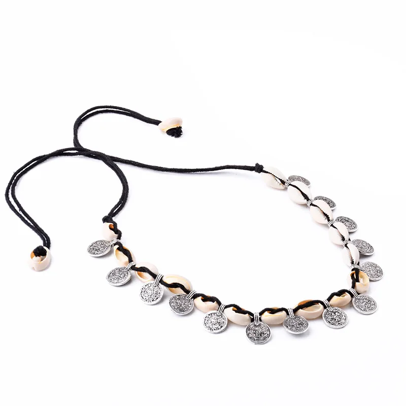 Бохо оболочка чокер ожерелье морской пляж Посеребренная монета кулон