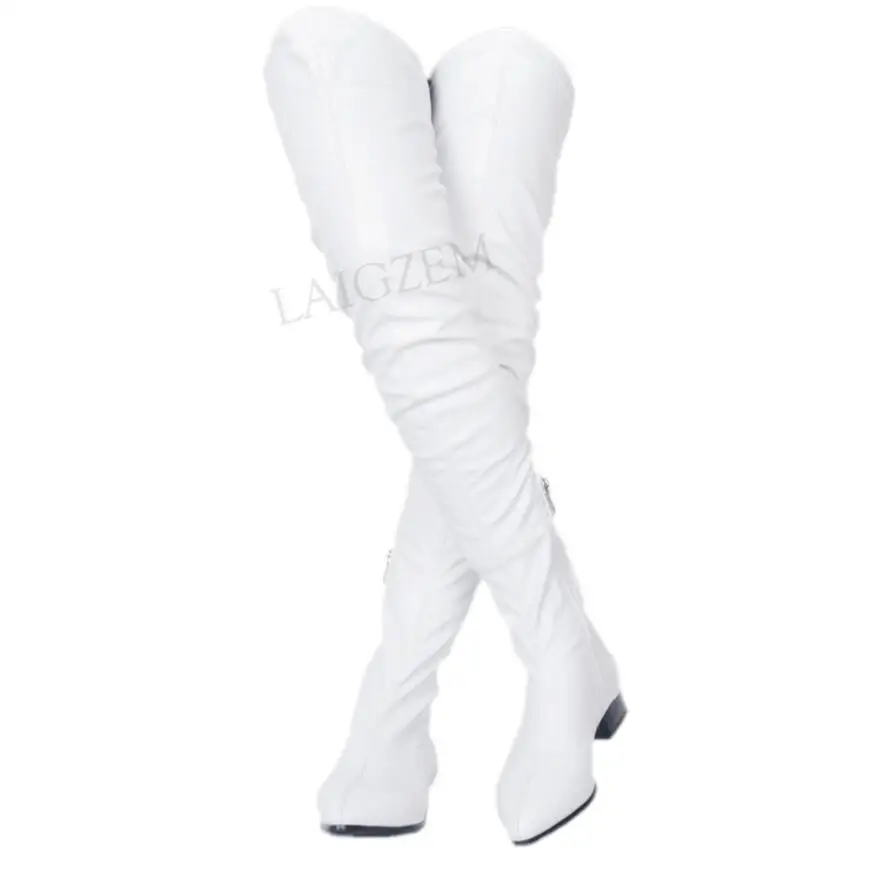LGZ393 White LAIGZEM/женские ботинки; сезон весна-лето высокие сапоги до бедра женская обувь из искусственной кожи на низком массивном каблуке Botines Mujer; большие размеры 34-47 - Цвет: LGZ393 White