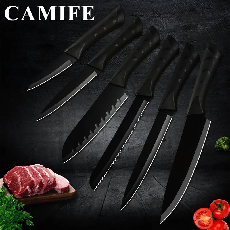 A.6 pcs set Японский нож из нержавеющей стали черный кухонный нож Прямая поставка точилка держатель 6 шт. Набор Кухонные ножи аксессуары инструменты - Цвет: A.6 pcs set