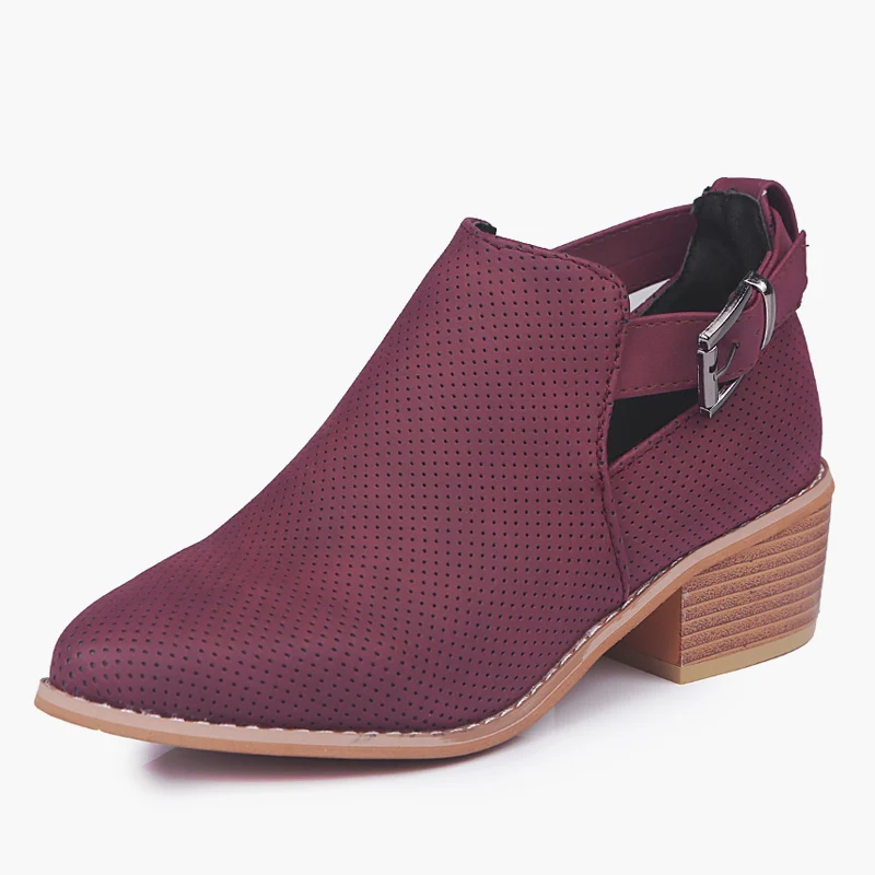 wine red Женские ботильоны на полой подошве с пряжкой, женские короткие ботинки с острым носком и вышивкой, Повседневная дышащая женская обувь на квадратном каблуке размера плюс - Цвет: wine red