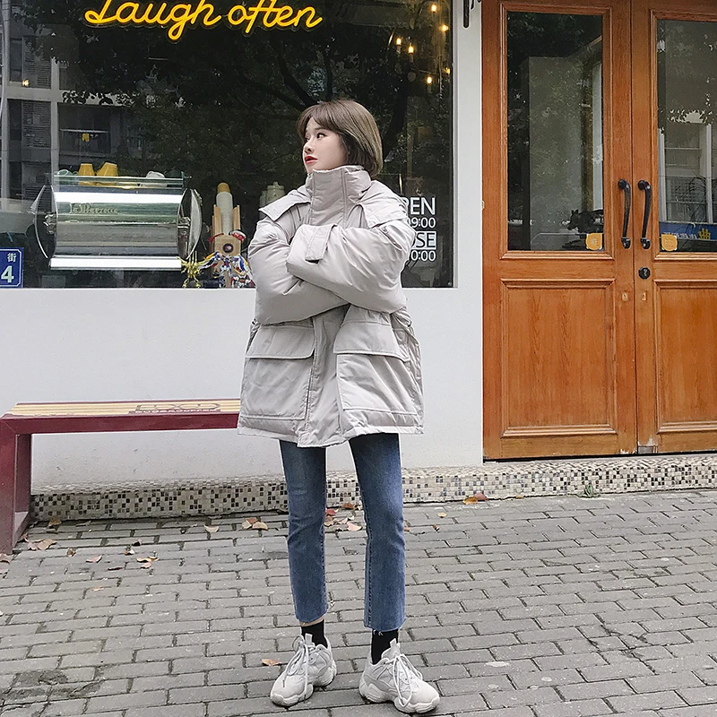 

2021 Winter Fashion Warm Thick Hooded Cotton Coat Korean Long Loose Parkas Coat New Women Solid Casual Down Jacket Cotton Coat