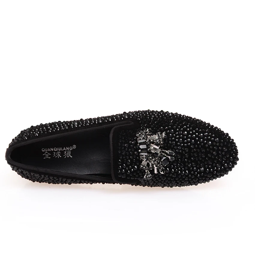New Fashion Black crystal Handmade Genuine Leather Man Shoes Wedding and Party Loafers Men Flats size 39-47 Free shipping | Обувь