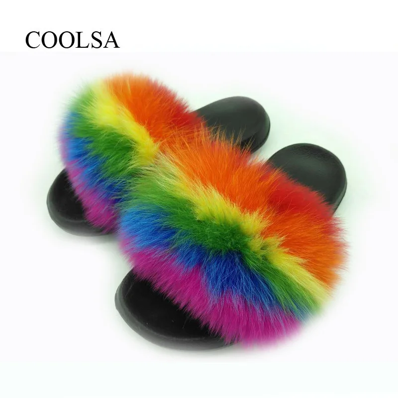 Rainbow1 COOLSA/женские шлепанцы из натурального Лисьего меха; женские летние домашние меховые тапочки; женские нескользящие теплые меховые плюшевые шлепанцы; Прямая - Цвет: Rainbow1