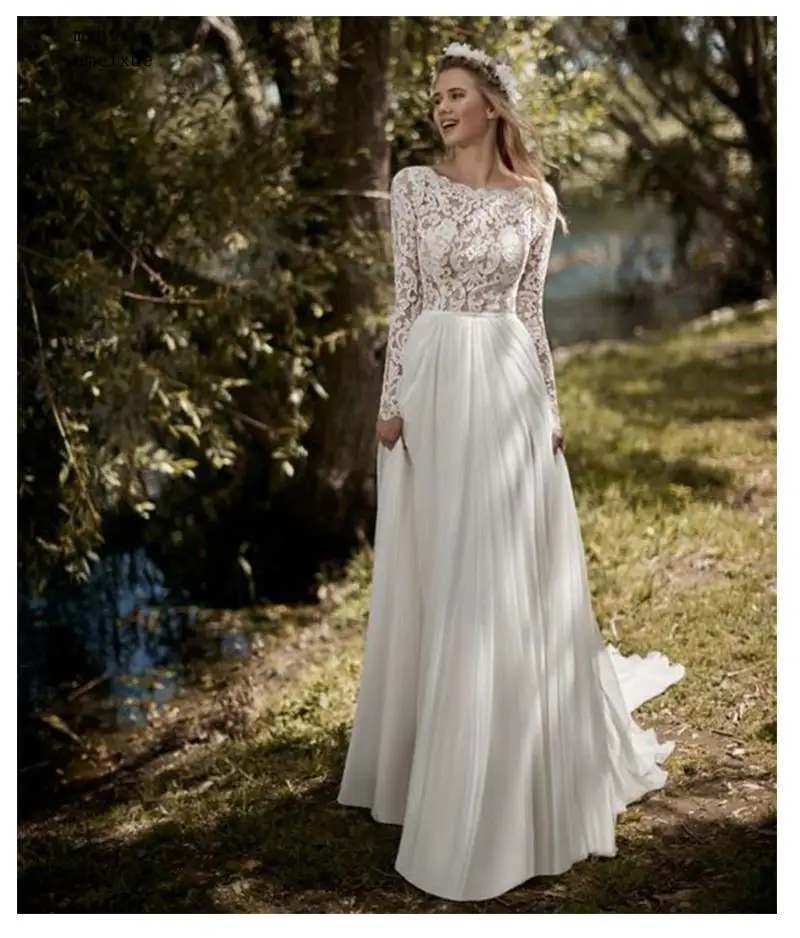 

Boho Long Sleeves Wedding Dress 2022 Robe De Mariee Vintage Lace Top New Bridal Dress Chiffon Gowns China