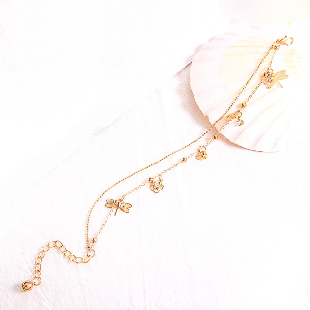 Women Double Layer Dragonfly Flower Heart Charm Sandal Anklet Ankle Bracelet | Украшения и аксессуары