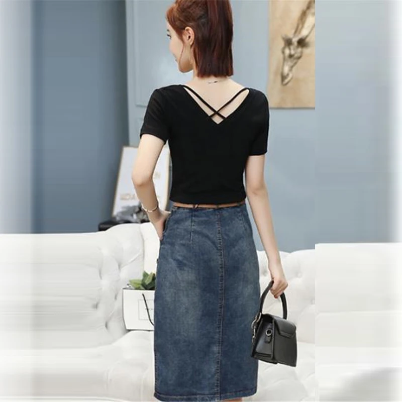 Новинка 2020 модная летняя женская футболка с коротким рукавом и джинсовая юбка