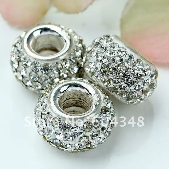 

14MM New Resin Clear Rhinestone Crystal Beads, Silver color Core Big Hole Crystal European Loose Beads Fit Charm Bracelet-50PCS