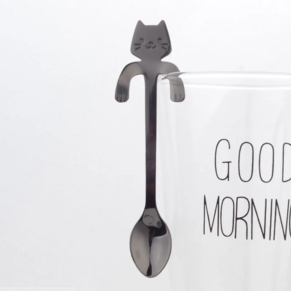 cat black Новинка,, милая кофейная ложка с котом и медведем, 304, подвесная ложка из нержавеющей стали, креативные питьевые чайные ложки, ложка для мороженого, десерта, чайная ложка, длинная - Цвет: cat black