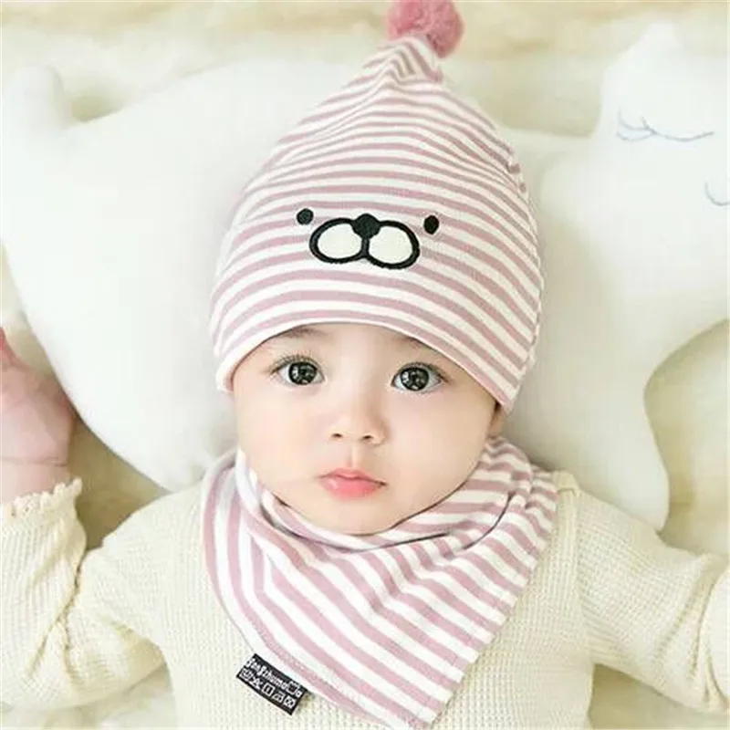 

New Baby Cotton Hat Bib Set Infant Spring Autumn Soft Beanies Cute Rabbit Bear Stripe Hat Set Newborn Necessary Unisex