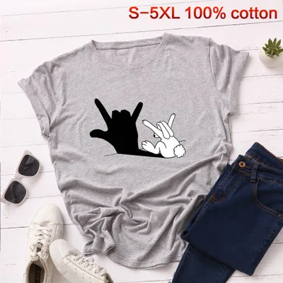 light gray SINGRAIN забавный кролик размера плюс футболка женская мультфильм тройники милые животные базовые Топы новая Harajuku Летняя Повседневная хлопковая футболка - Цвет: light gray