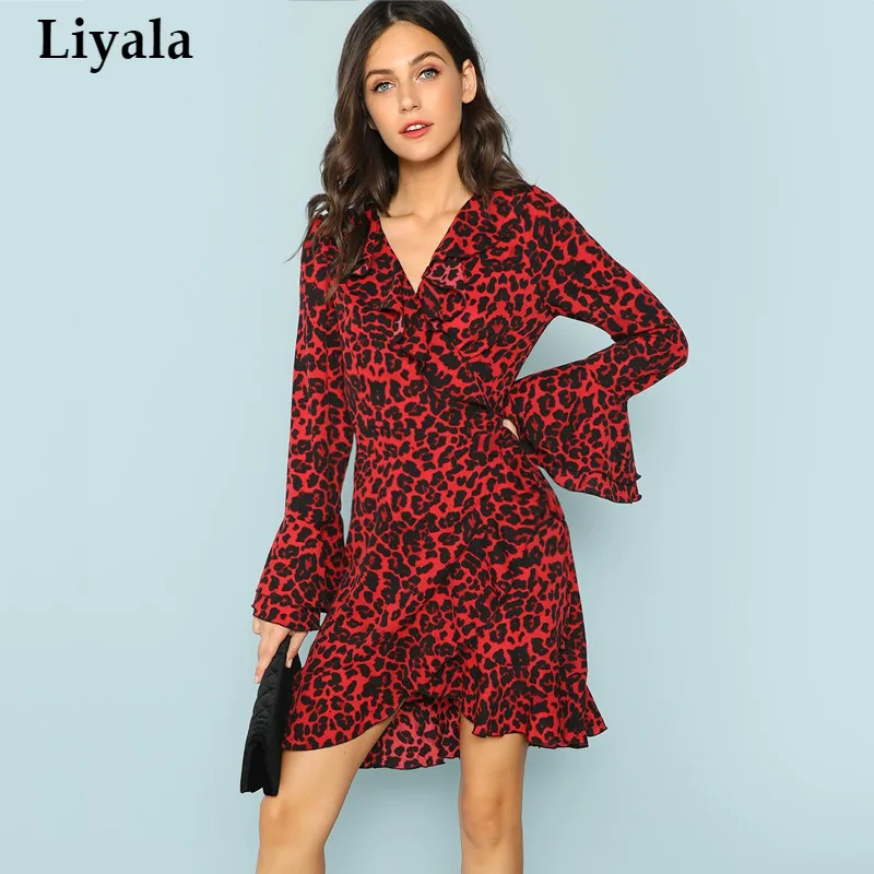 Красное сексуальное платье с v образным вырезом и леопардовым Платье принтом