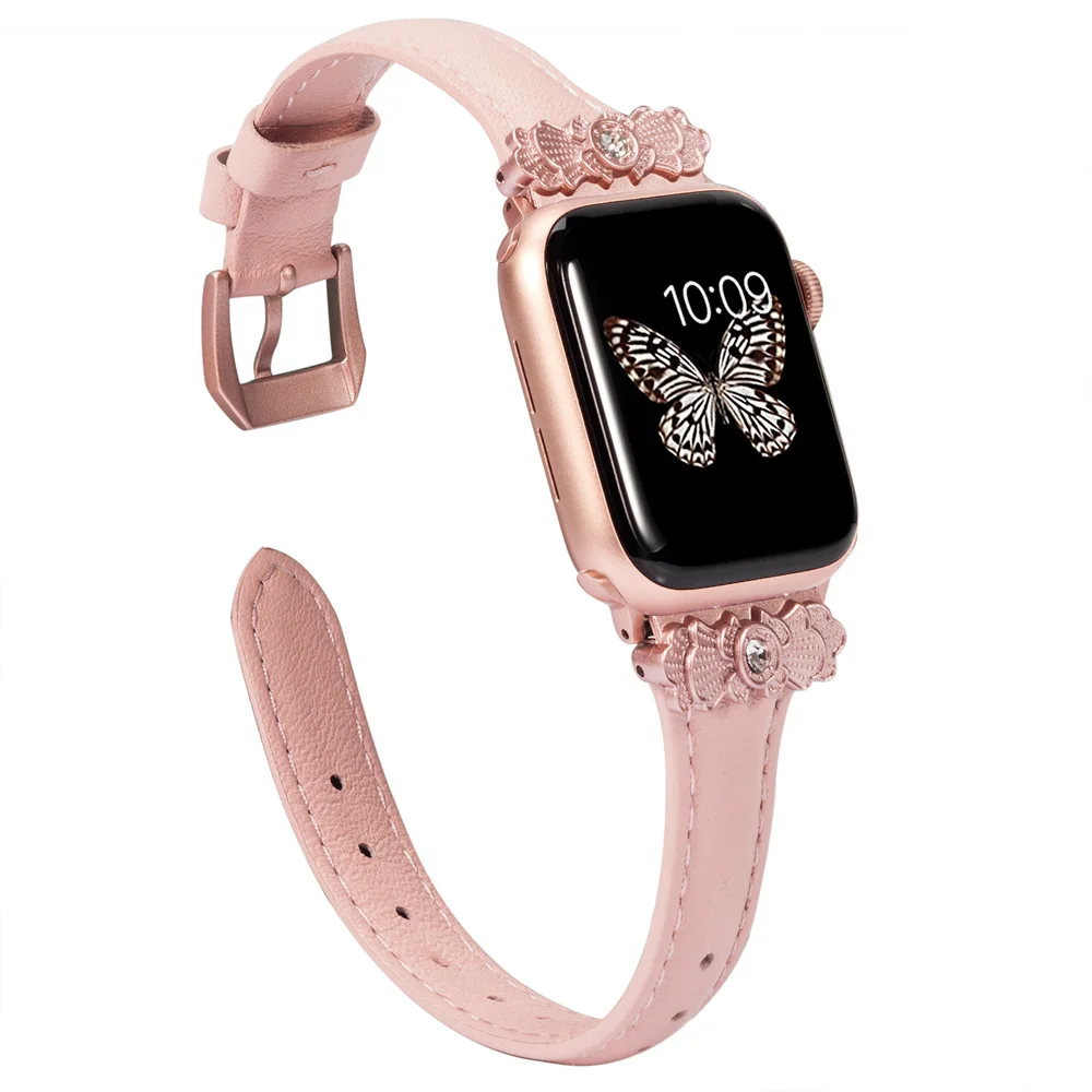 RPink Кожаный ремешок для Apple Watch 38 мм 42 мм iWatch женский тонкий металлический с уникальным декоративным ремешком браслет для iwatch серии 4 3 2 1 - Цвет ремешка: RPink